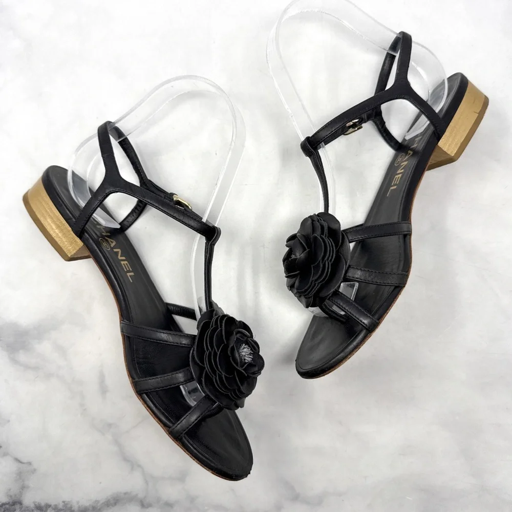 CHANEL Vintage Y2K Camellia Flower Leather Strappy Block Heel Sandal Shoes Black